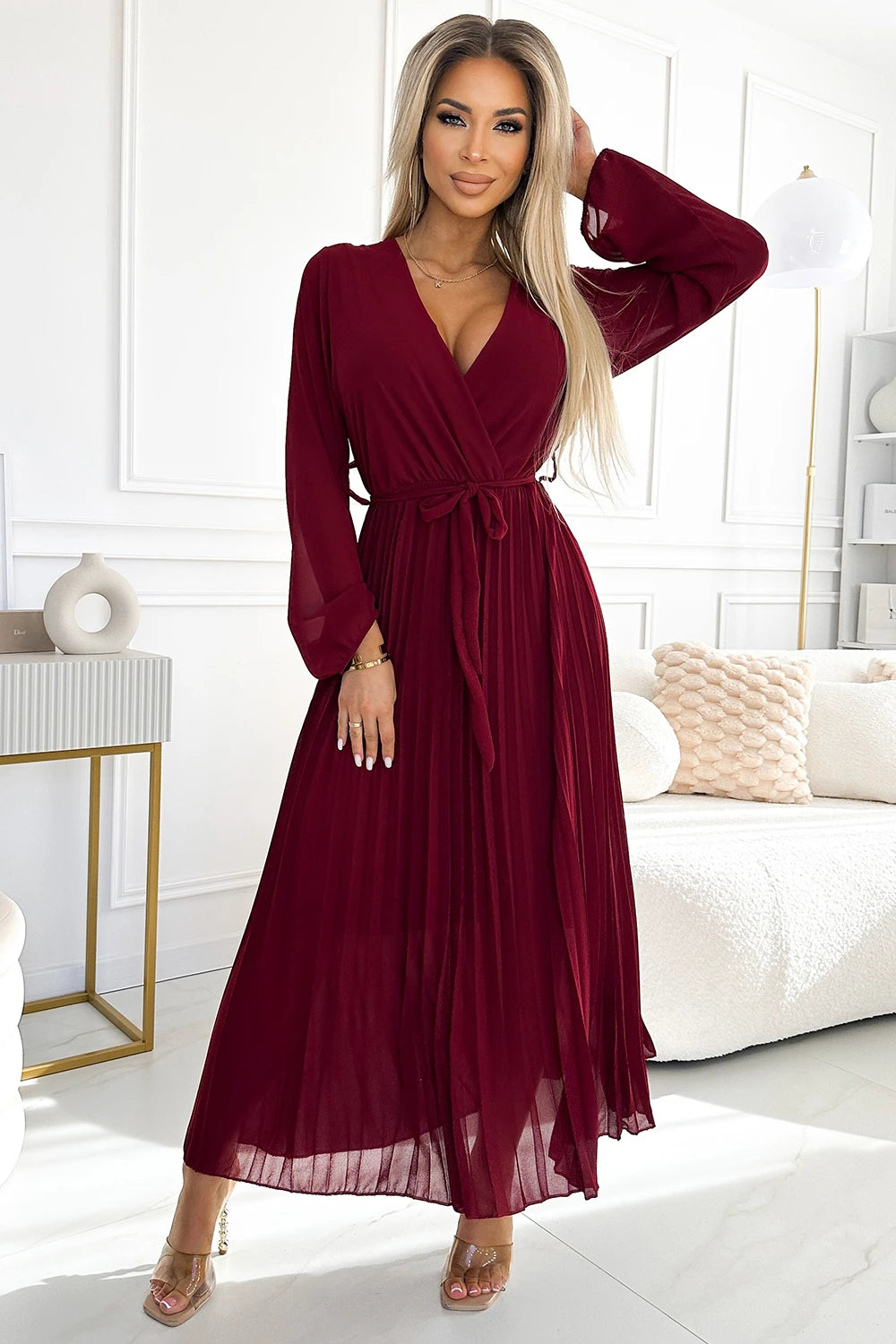 Pleated chiffon dress with scoop neckline, long sleeves and tied belt – Burgundy
