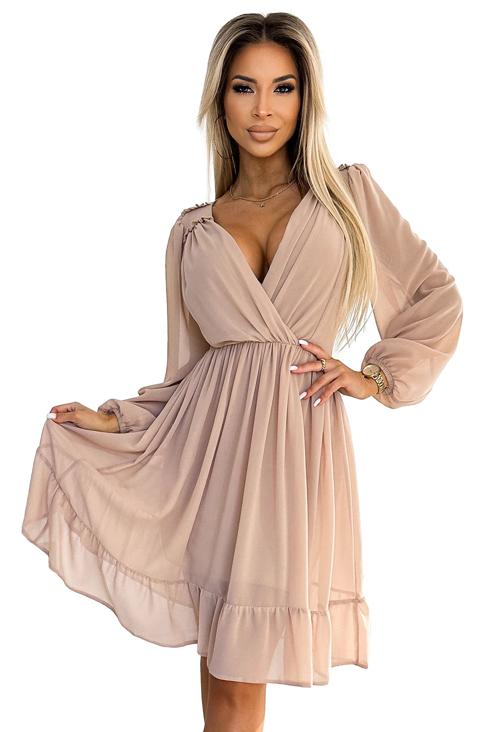 ANTRESOLA 5L MILA Chiffon midi dress with long sleeves and neckline – Beige