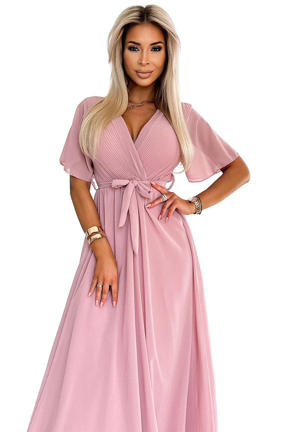 Long dress with a pleated neckline and ties – Powder Pink