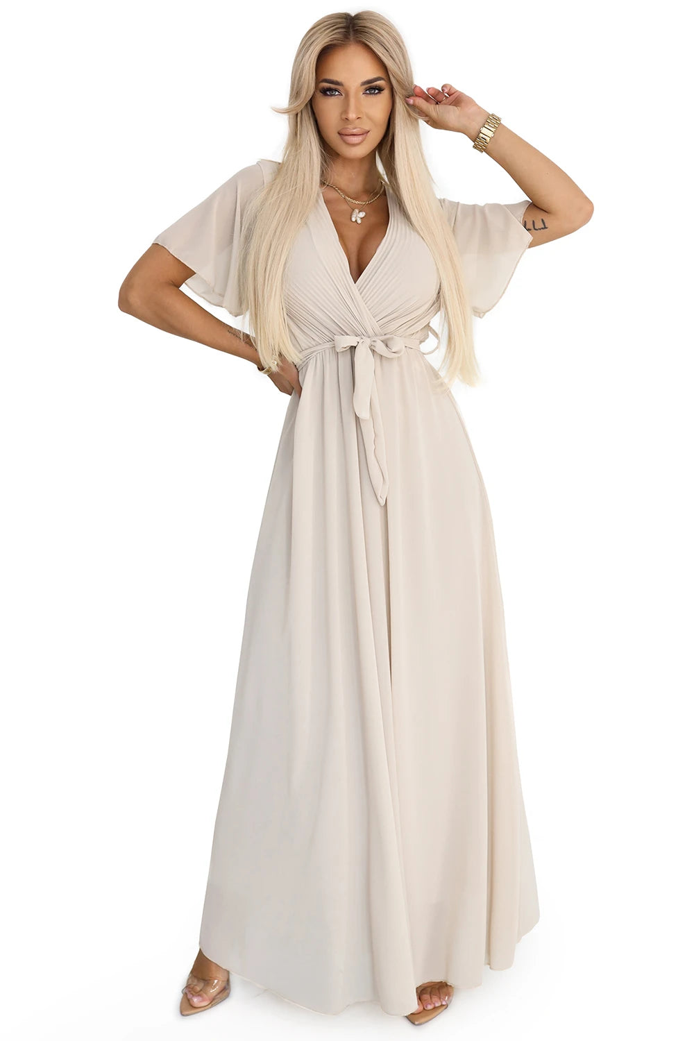 Long dress with pleated neckline and tie – Beige