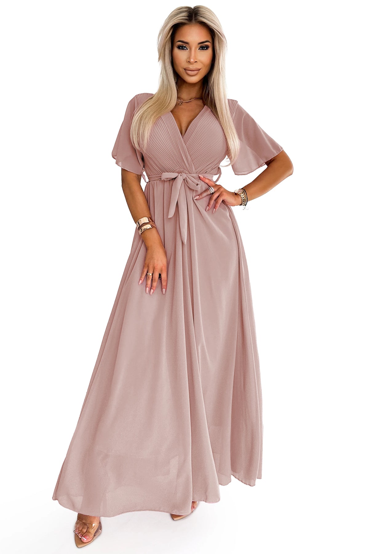 Long dress with pleated neckline and tie – Taupe