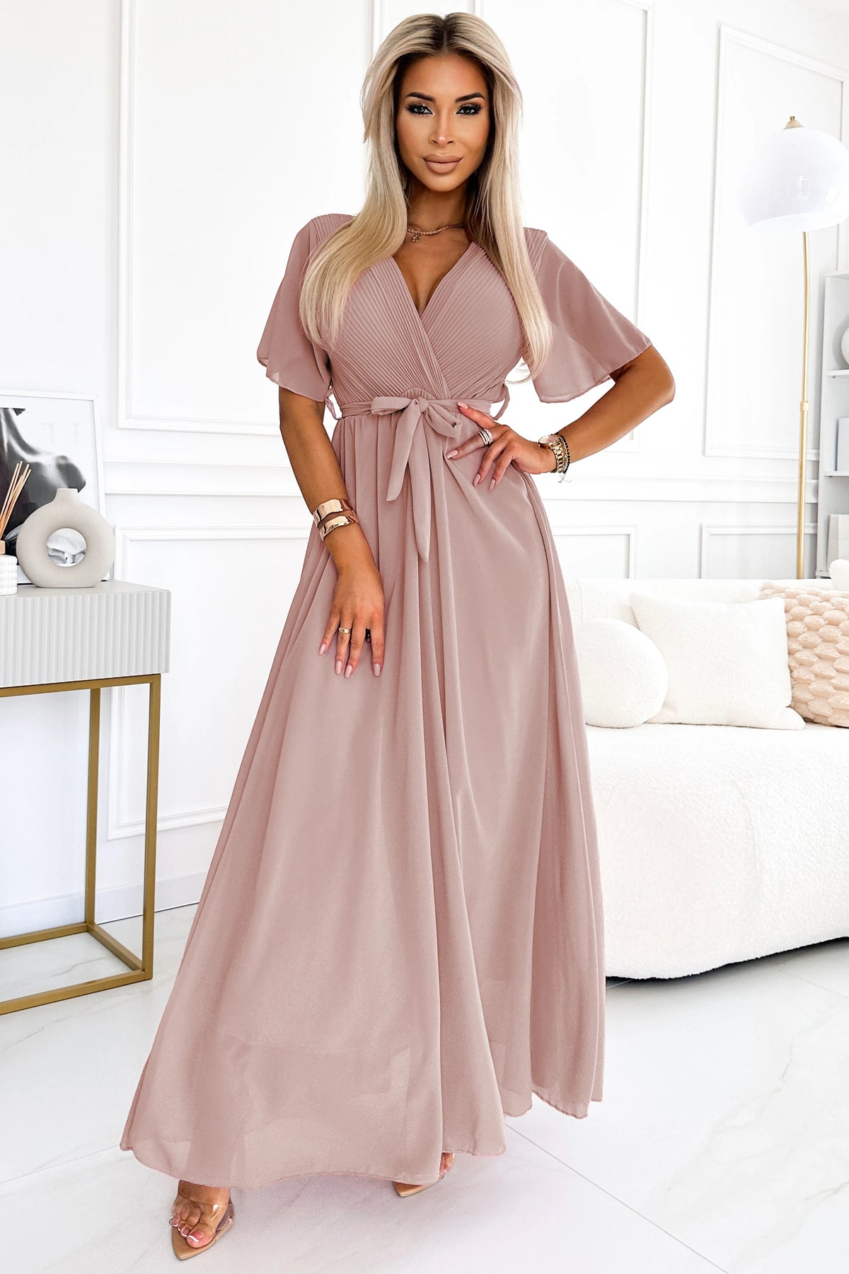Long dress with pleated neckline and tie – Taupe