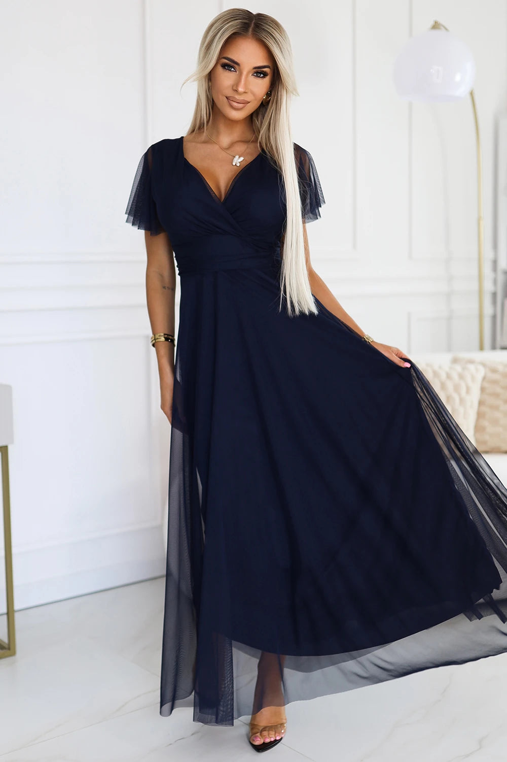 NASTIA Long dress with neckline and short sleeves – Navy Blue