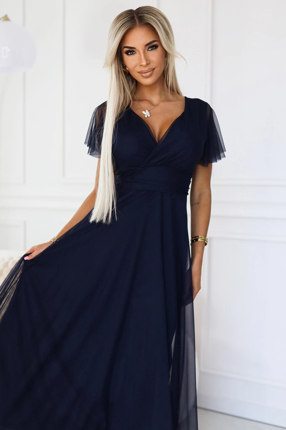 NASTIA Long dress with neckline and short sleeves – Navy Blue