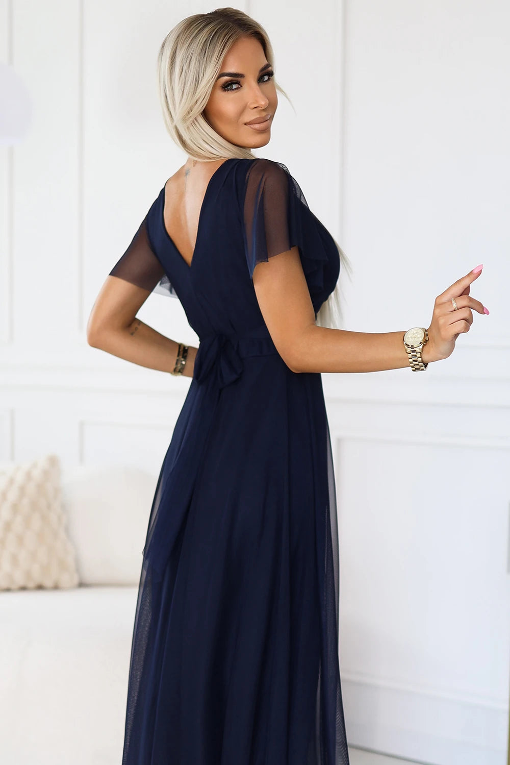 NASTIA Long dress with neckline and short sleeves – Navy Blue