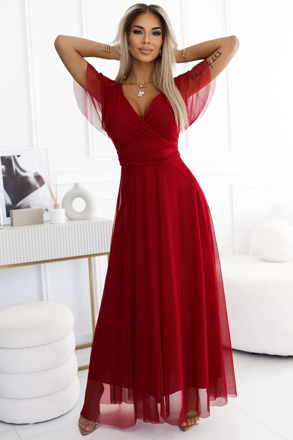 NASTIA Long dress with neckline and short sleeves – Burgundy