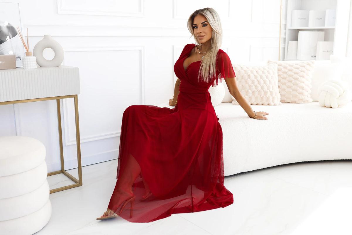 NASTIA Long dress with neckline and short sleeves – Burgundy