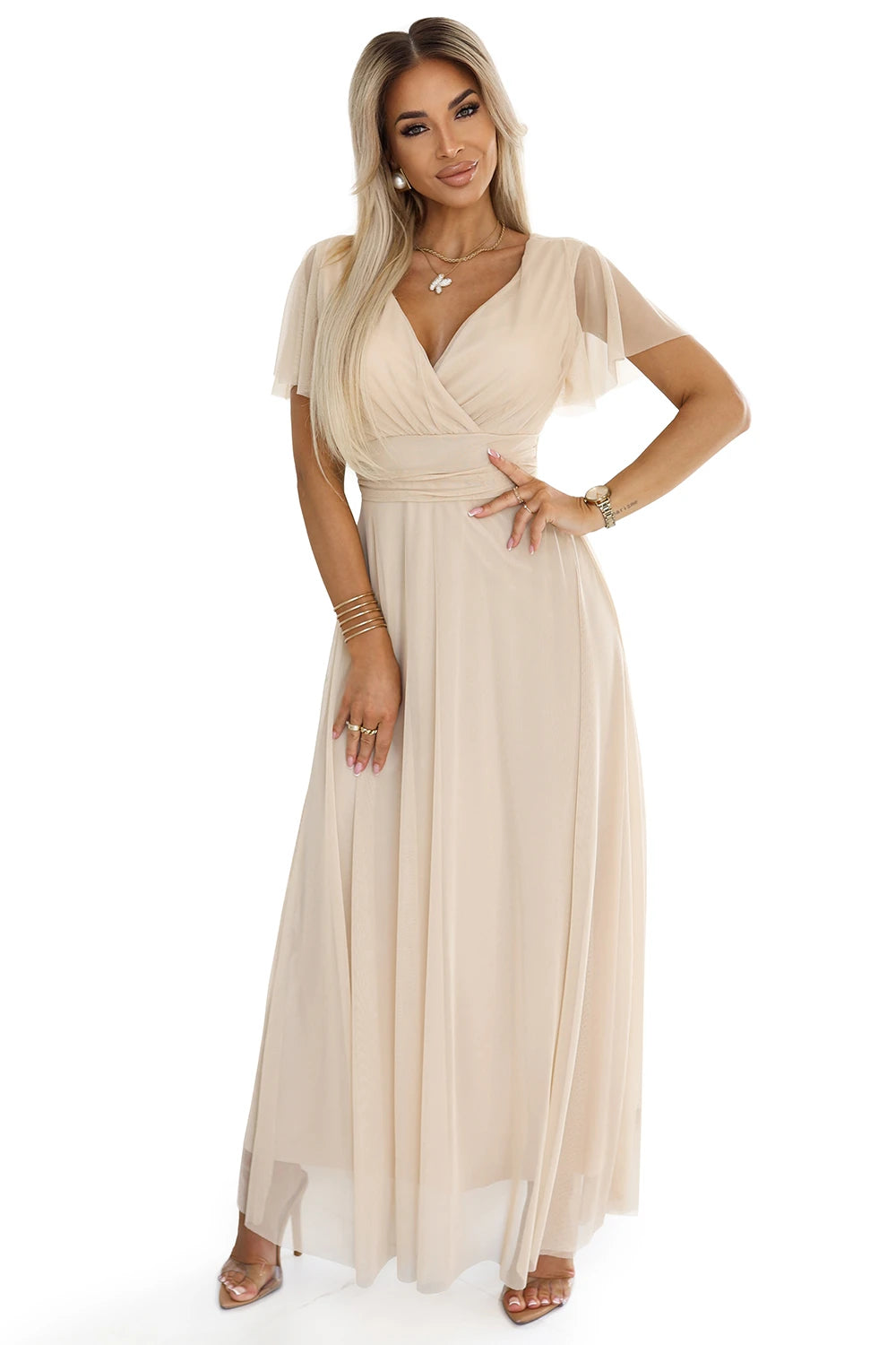 NASTIA Long dress with a neckline and short sleeves – Beige