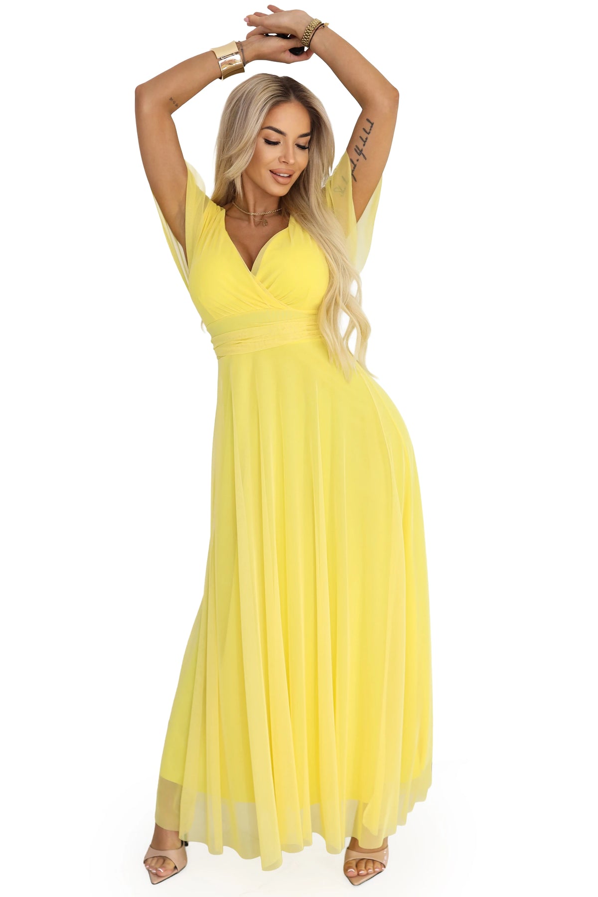 NASTIA Long dress with a neckline, tie and short sleeves – Lemon Limoncello