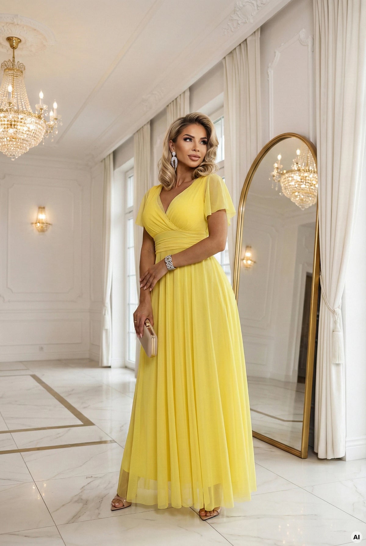 NASTIA Long dress with a neckline, tie and short sleeves – Lemon Limoncello