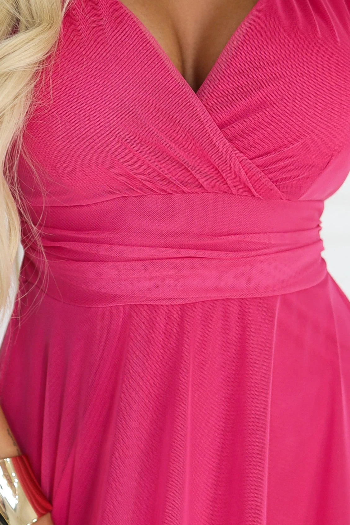 NASTIA Long dress with a neckline, tie and short sleeves – Raspberry Sorbet
