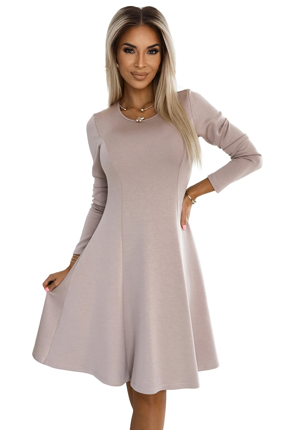 Comfortable long sleeve trapeze dress – Beige