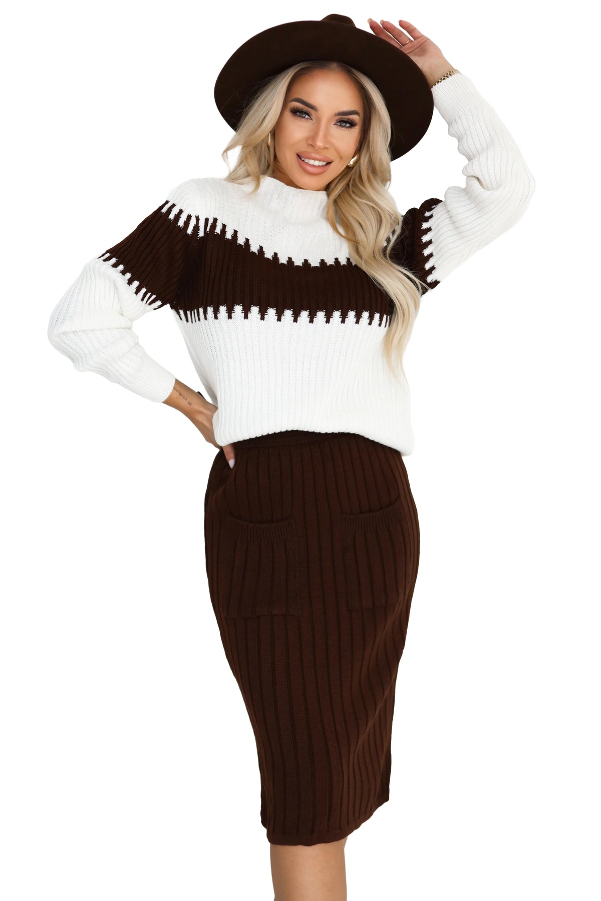 Two-piece sweater set with matching skirt – Chocolate