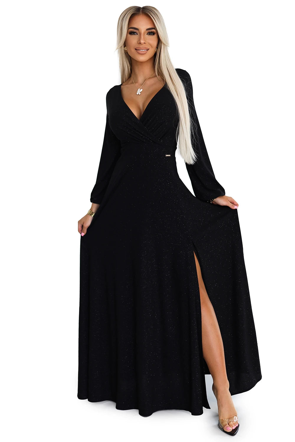 NELA shiny long gown with neckline and long sleeves – Black