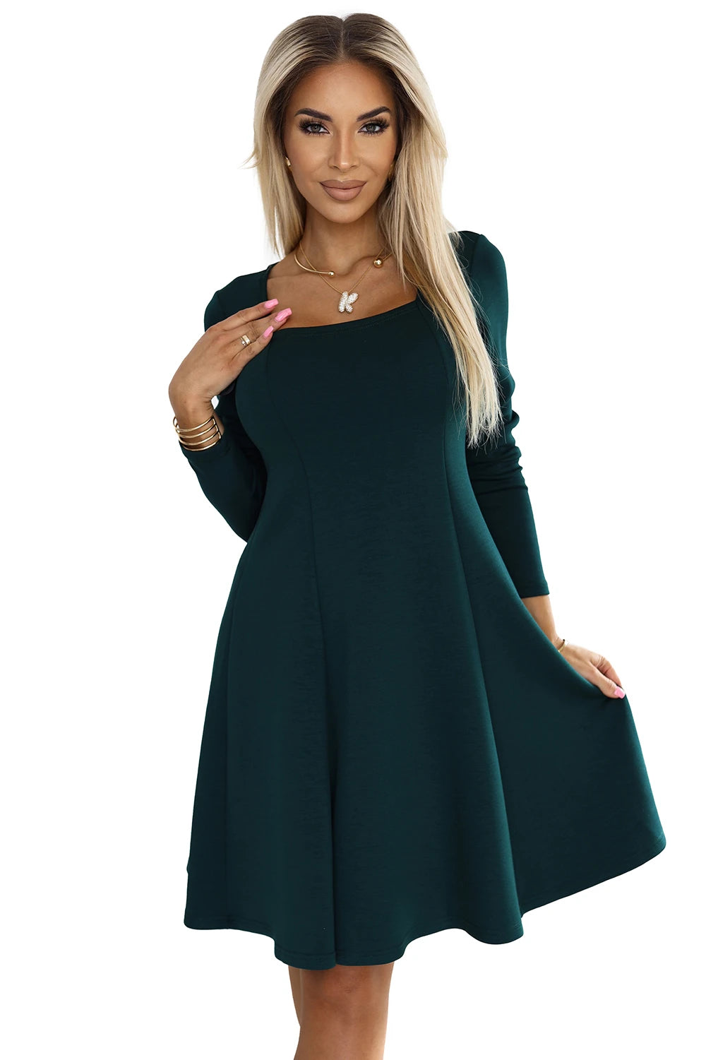 IVANA comfortable trapeze dress with a neckline and long sleeves – Green