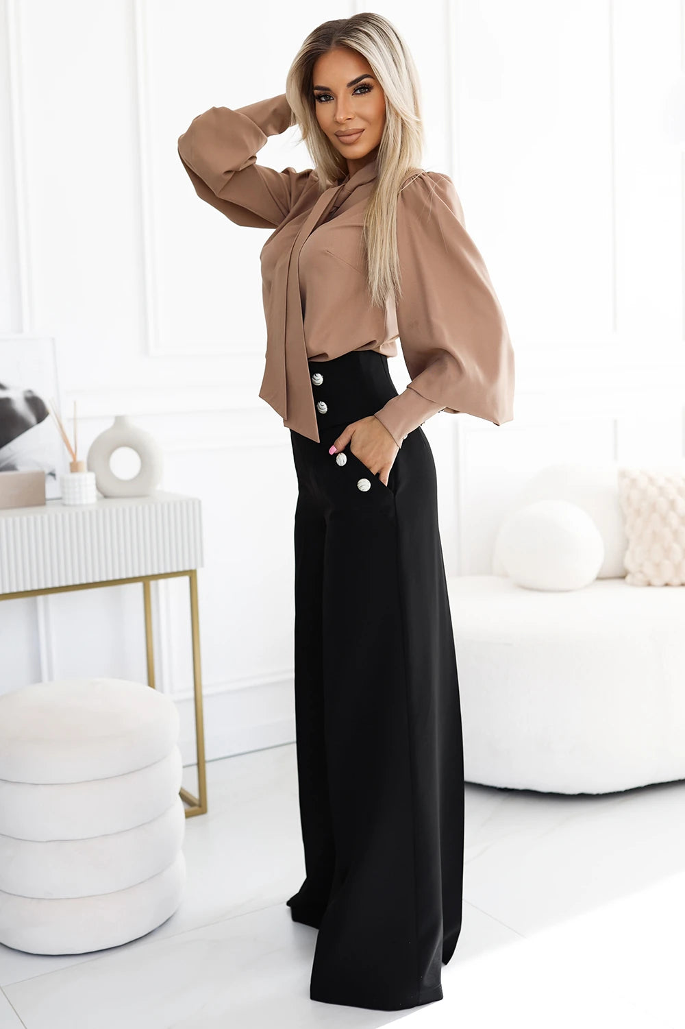 Unique business blouse with long sleeves, ties and buttons – caramel color – Mocha Mousse