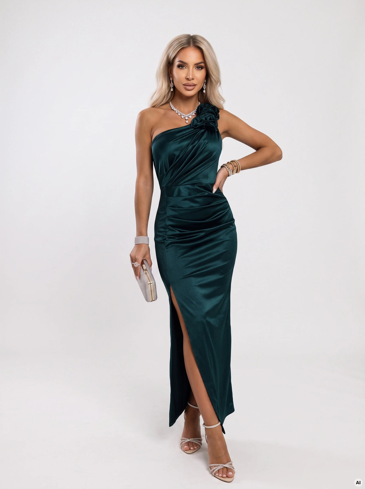 AURORA Long satin one-shoulder dress with roses – Bottle Green