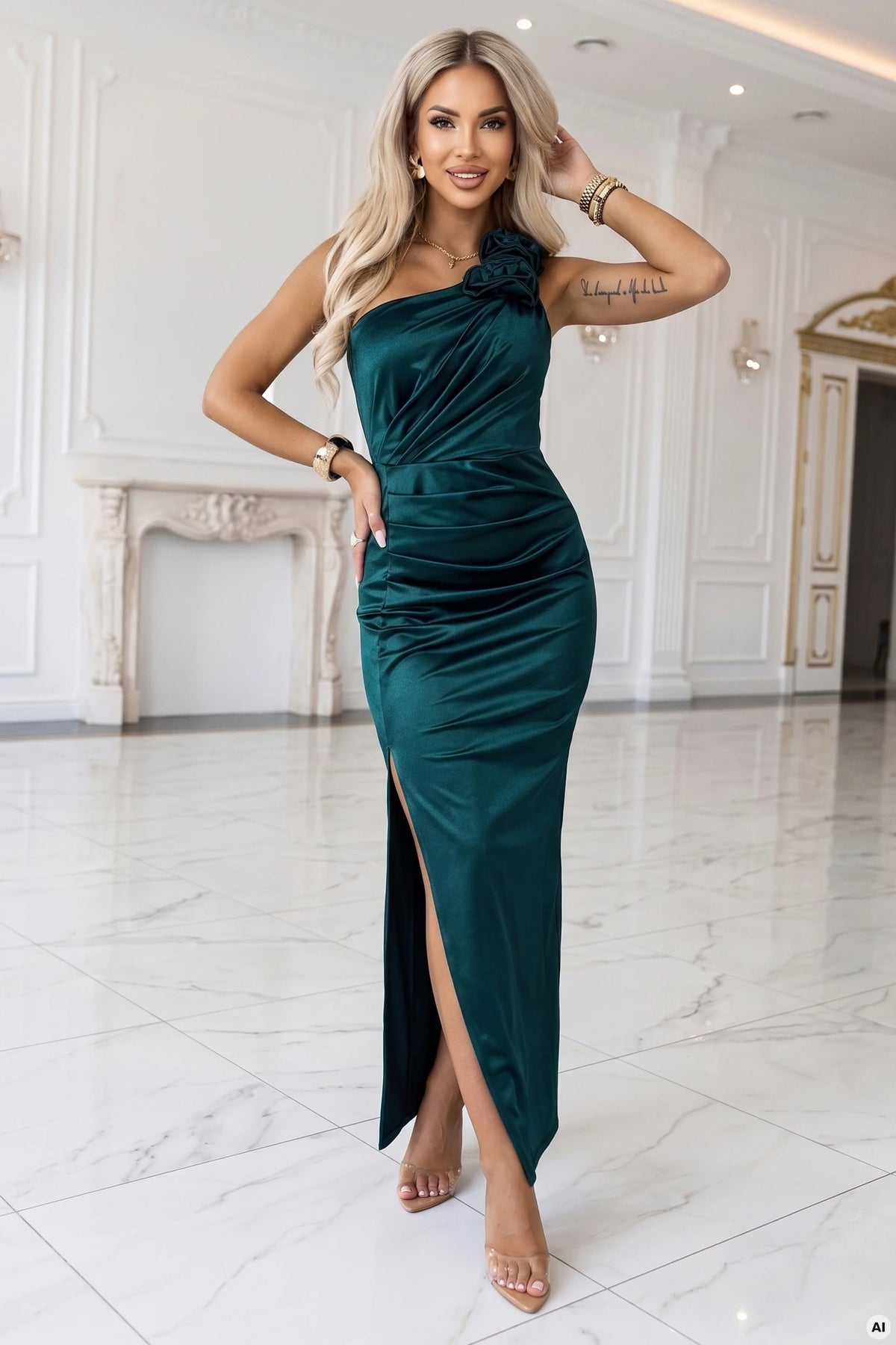 AURORA Long satin one-shoulder dress with roses – Bottle Green