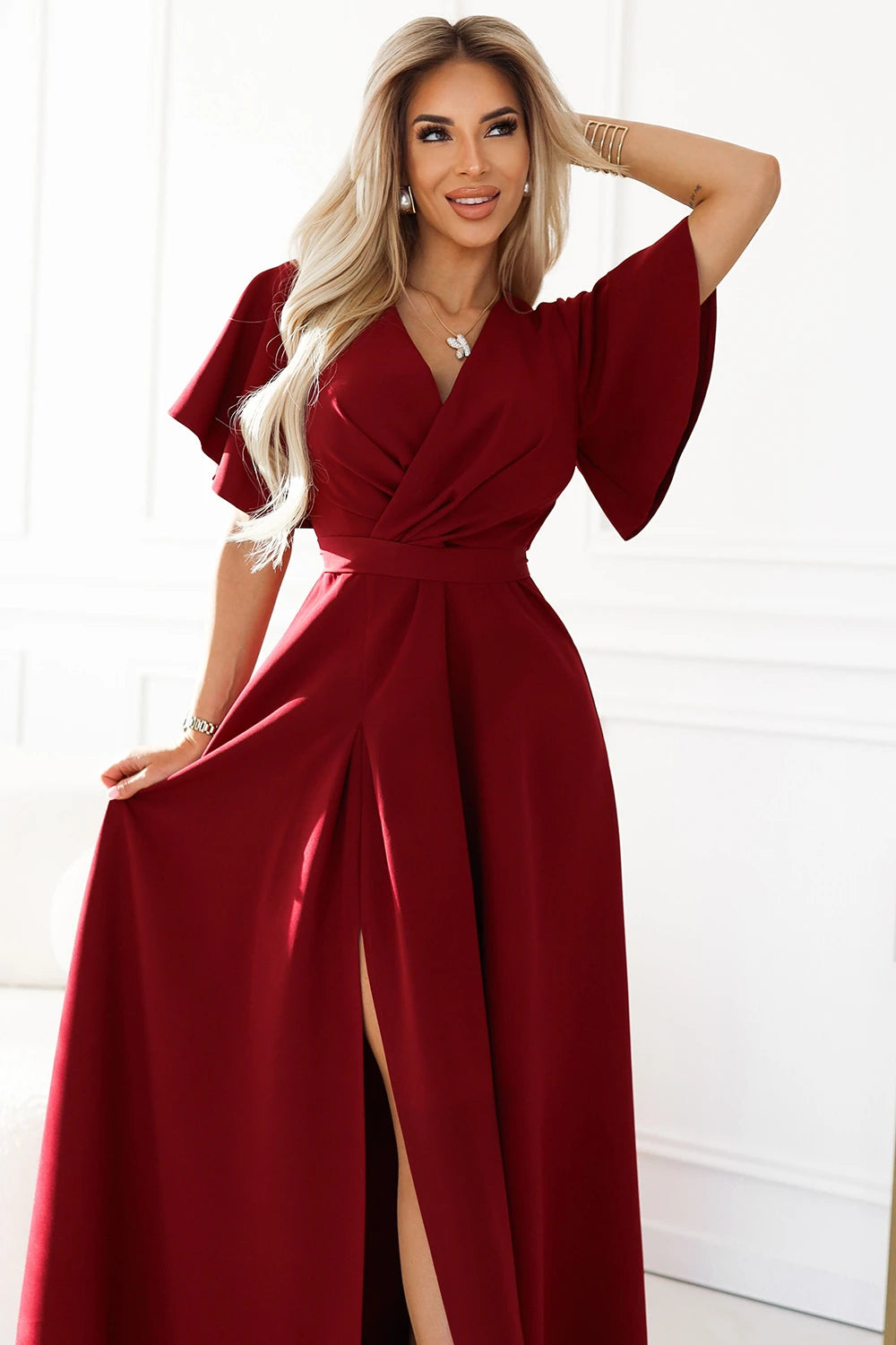 JENNIFER long dress with leg slit, sleeve and neckline – Burgundy Color