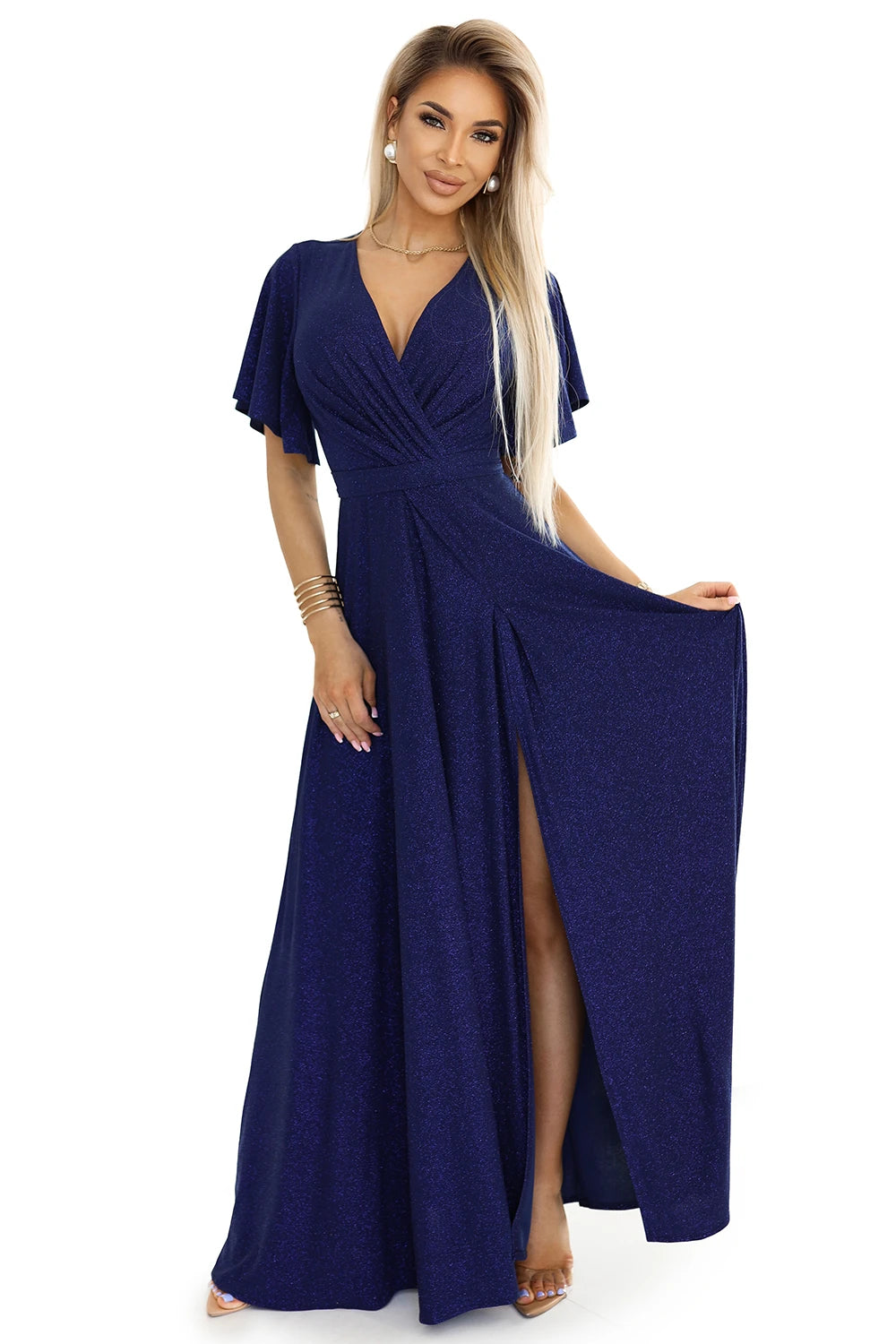 JENNIFER shiny long dress with sleeves and neckline – Navy Blue With Glitter
