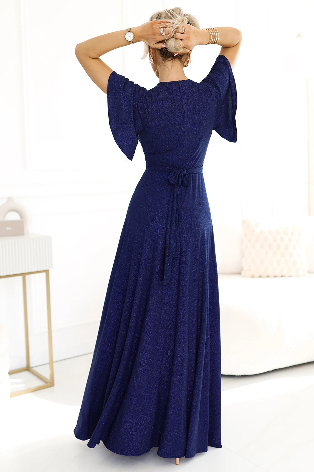 JENNIFER shiny long dress with sleeves and neckline – Navy Blue With Glitter