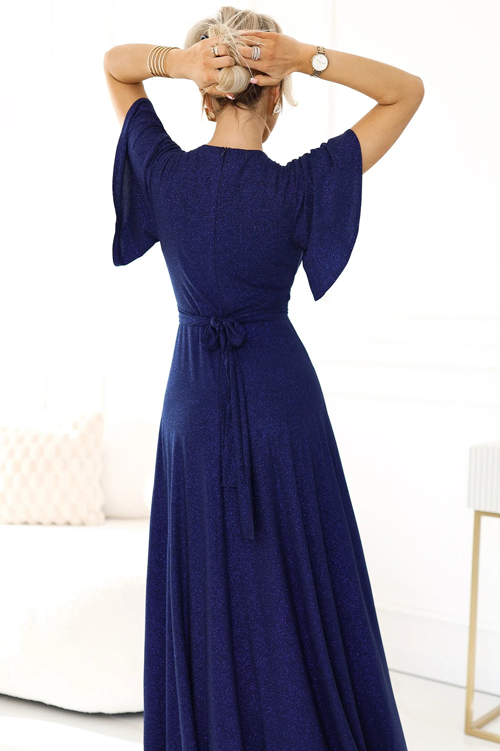 JENNIFER shiny long dress with sleeves and neckline – Navy Blue With Glitter