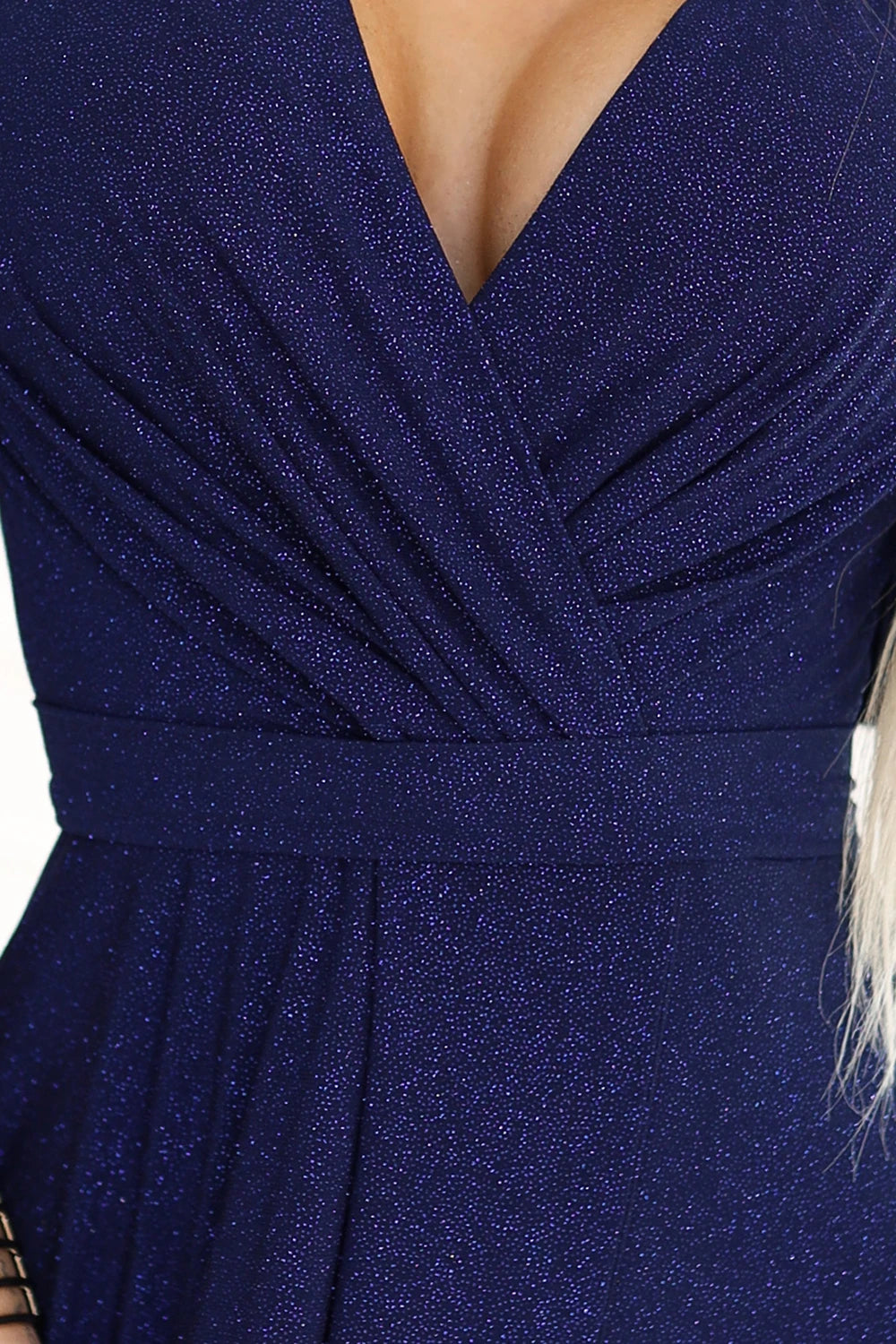 JENNIFER shiny long dress with sleeves and neckline – Navy Blue With Glitter