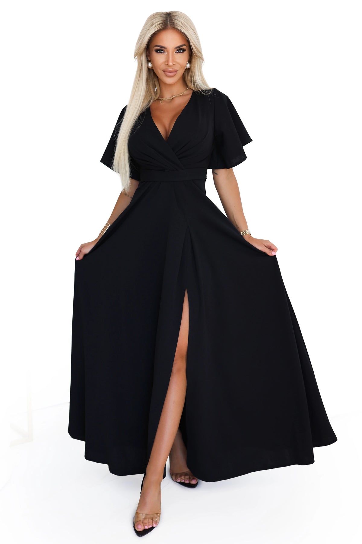 JENNIFER long dress with a leg slit, sleeves and a neckline – Black