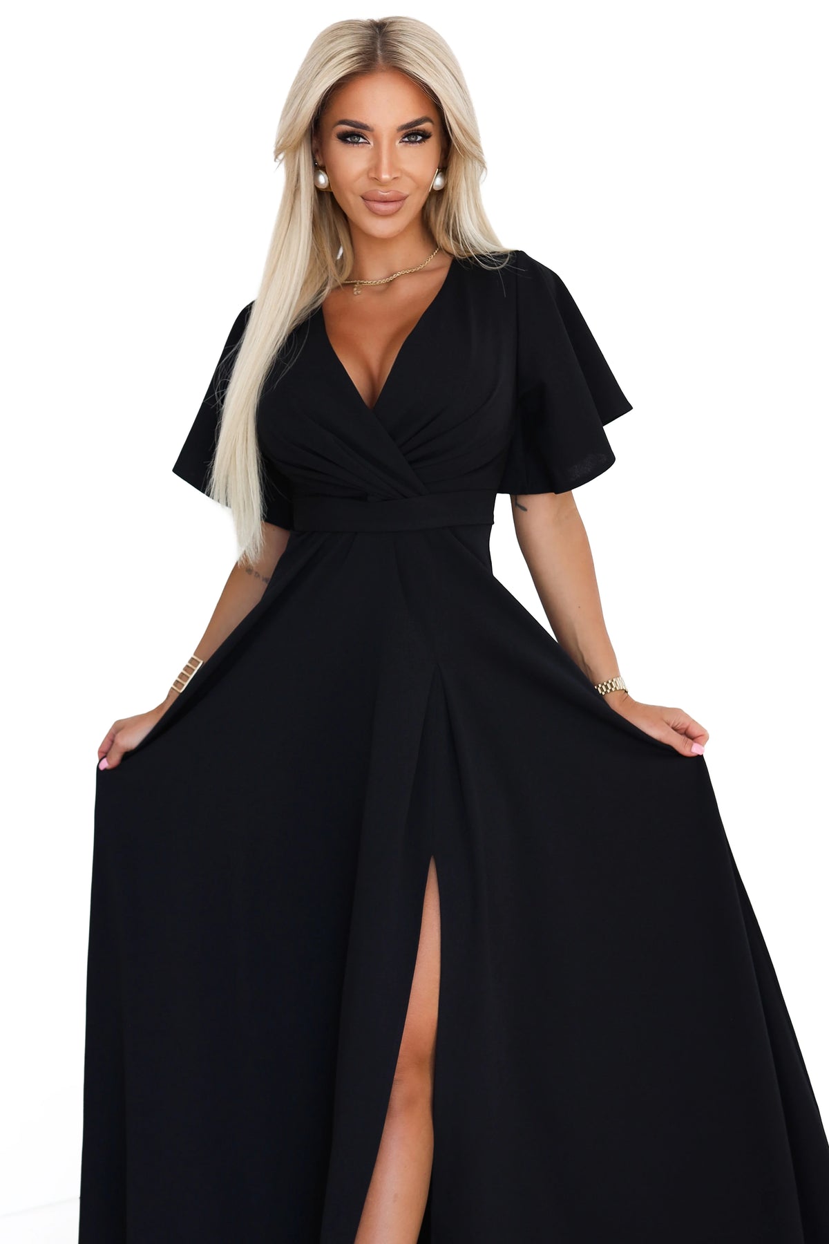 JENNIFER long dress with a leg slit, sleeves and a neckline – Black