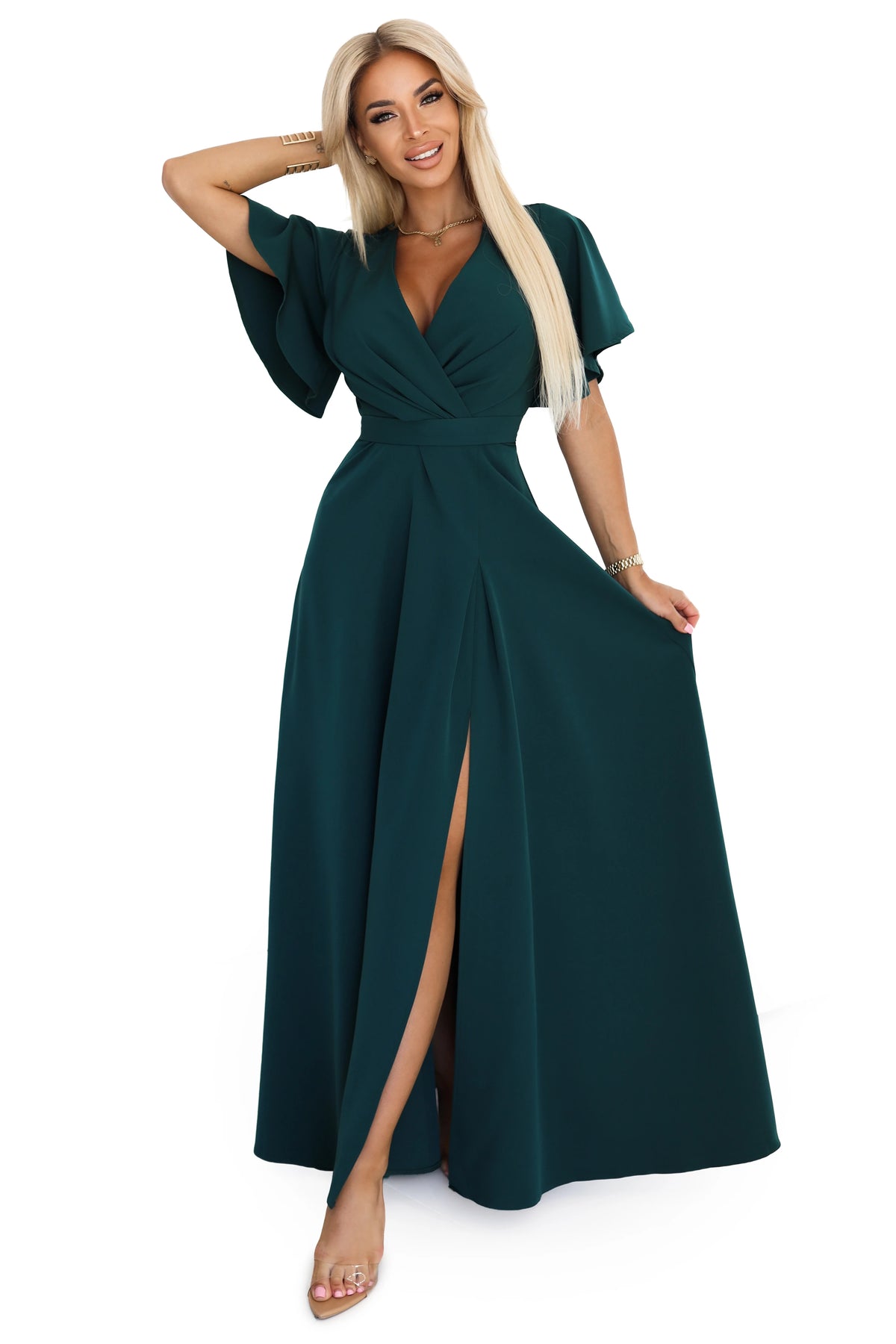 JENNIFER long dress with a leg slit, sleeves and a neckline – Bottle Green