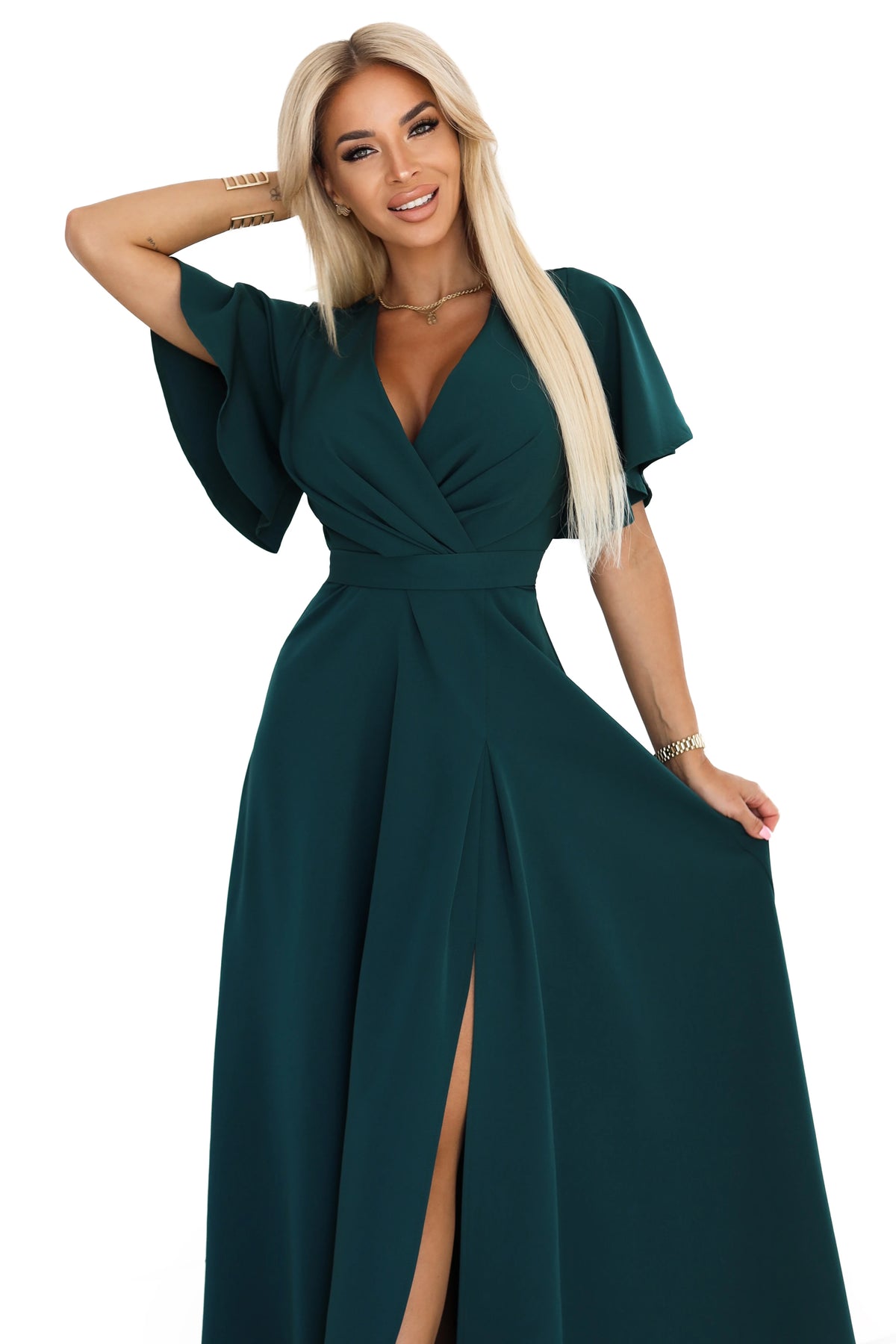 JENNIFER long dress with a leg slit, sleeves and a neckline – Bottle Green