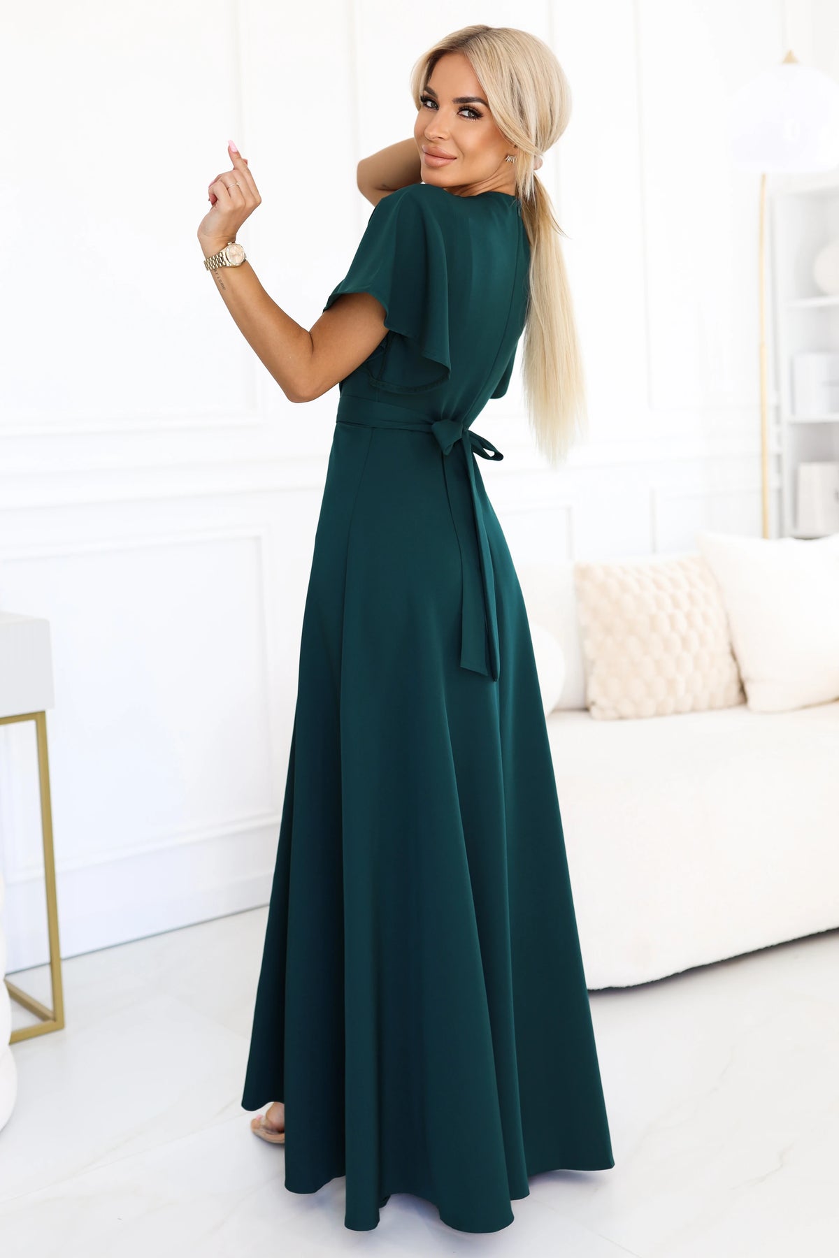 JENNIFER long dress with a leg slit, sleeves and a neckline – Bottle Green