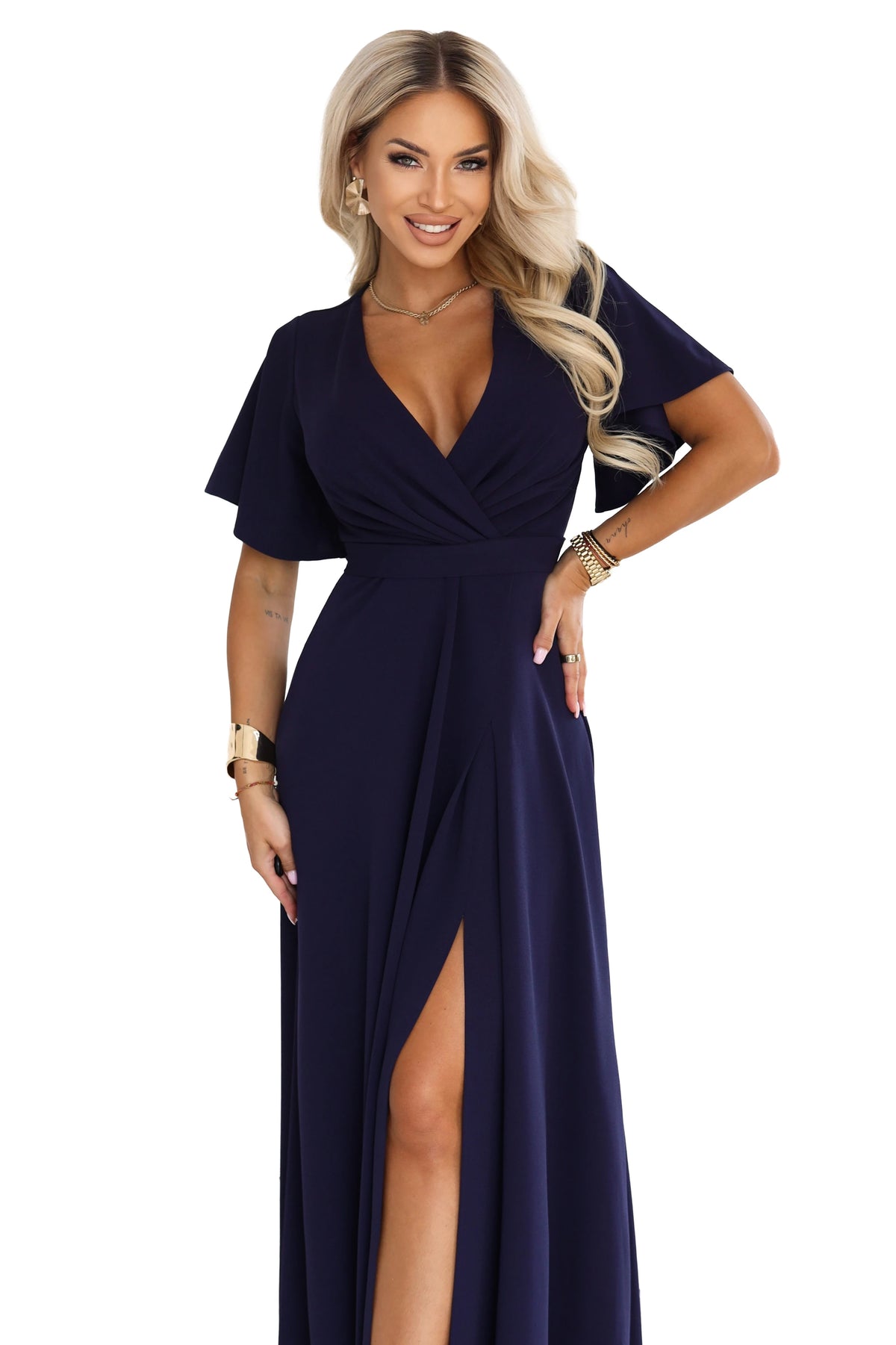 JENNIFER Long dress with a leg slit, sleeve and neckline – Navy Blue