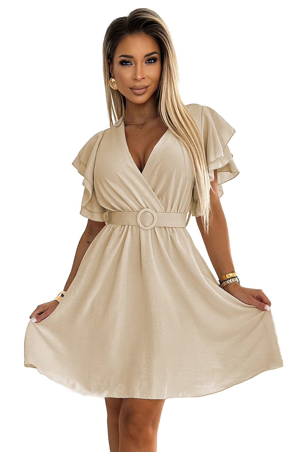 Women's dress with envelope neckline, sleeves and belt – Beige