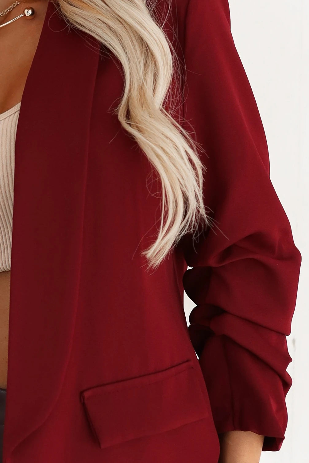Women's classic jacket with draped sleeves – Burgundy
