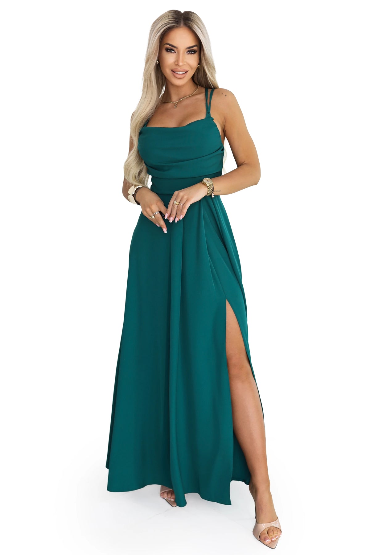 Maxi Dress with Straps with Corset Lace-Up Back and Slit – Bottle Green