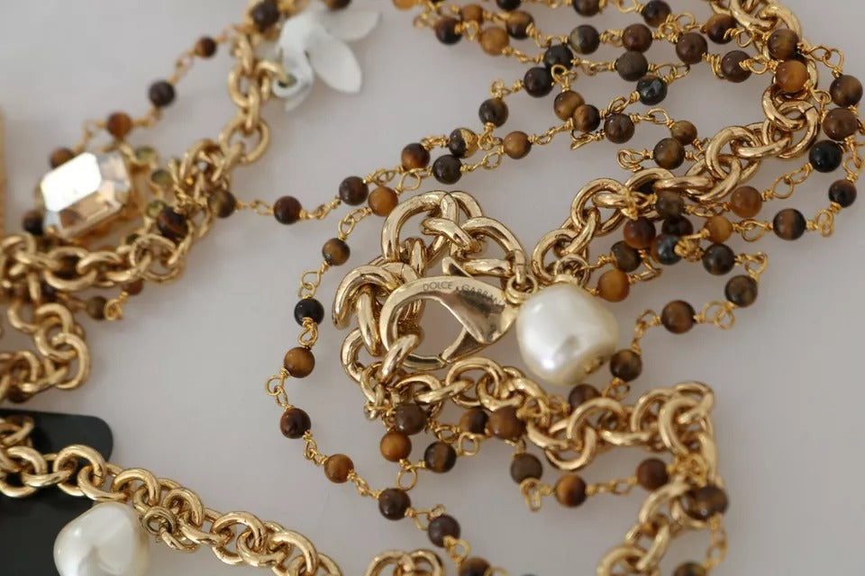 Náhrdelník s přívěsky z zlata a mosazi s krystaly a květinovým vzorem