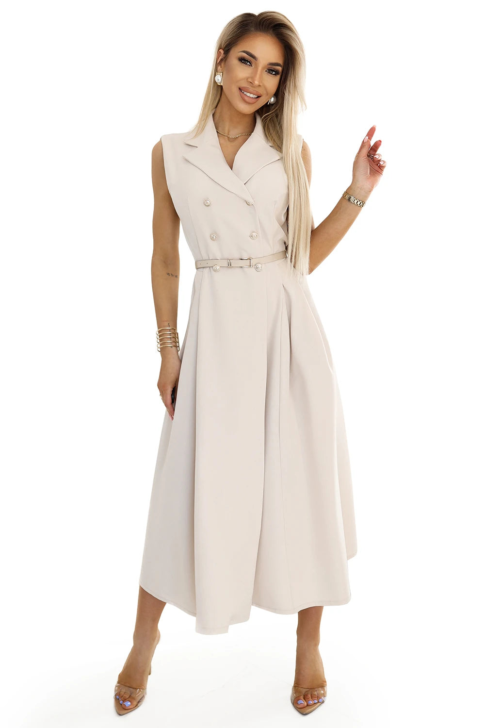 Elegant midi shirt dress with gold buttons and belt – Beige
