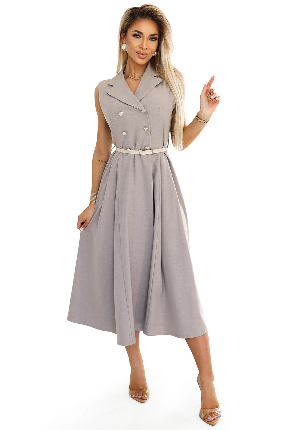 Elegant midi shirt dress with gold buttons and belt – Gray Beige