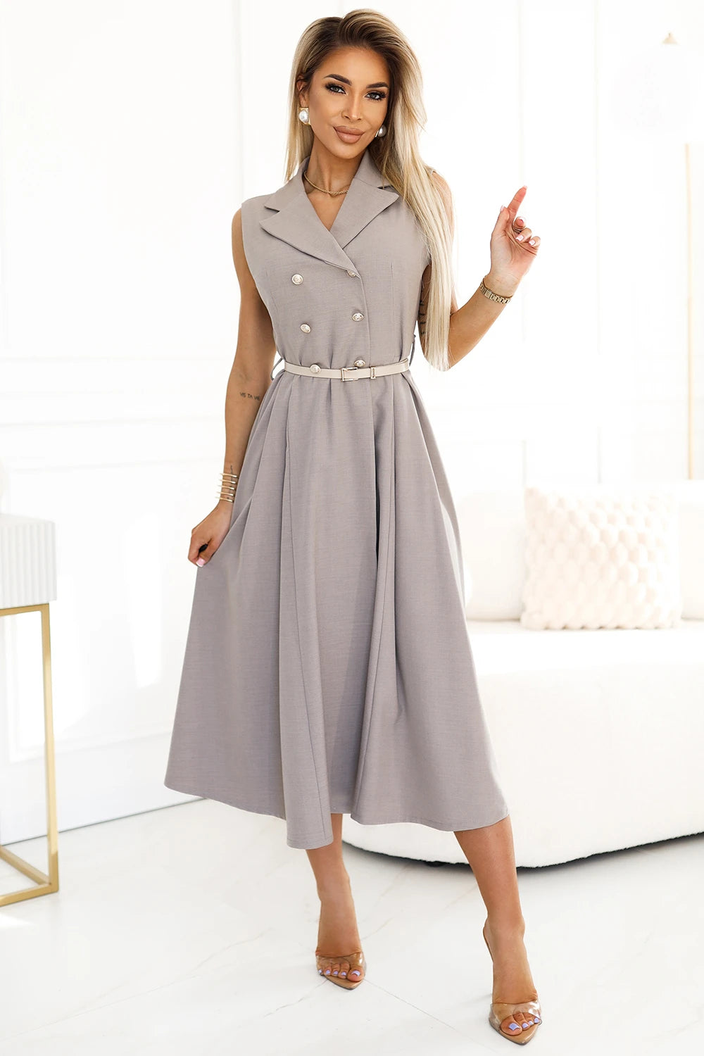 Elegant midi shirt dress with gold buttons and belt – Gray Beige