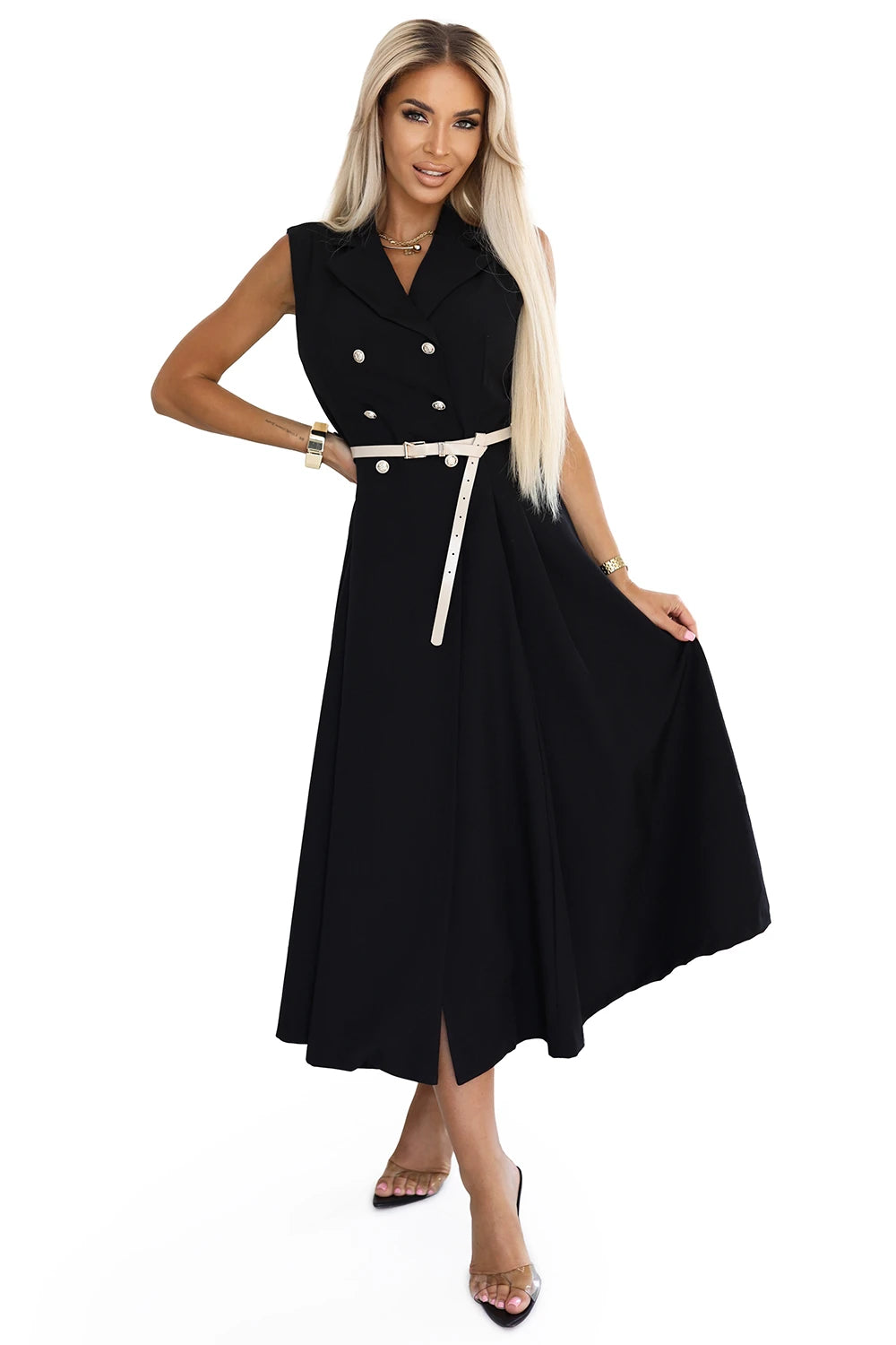 Elegant midi shirt dress with gold buttons and belt – Black