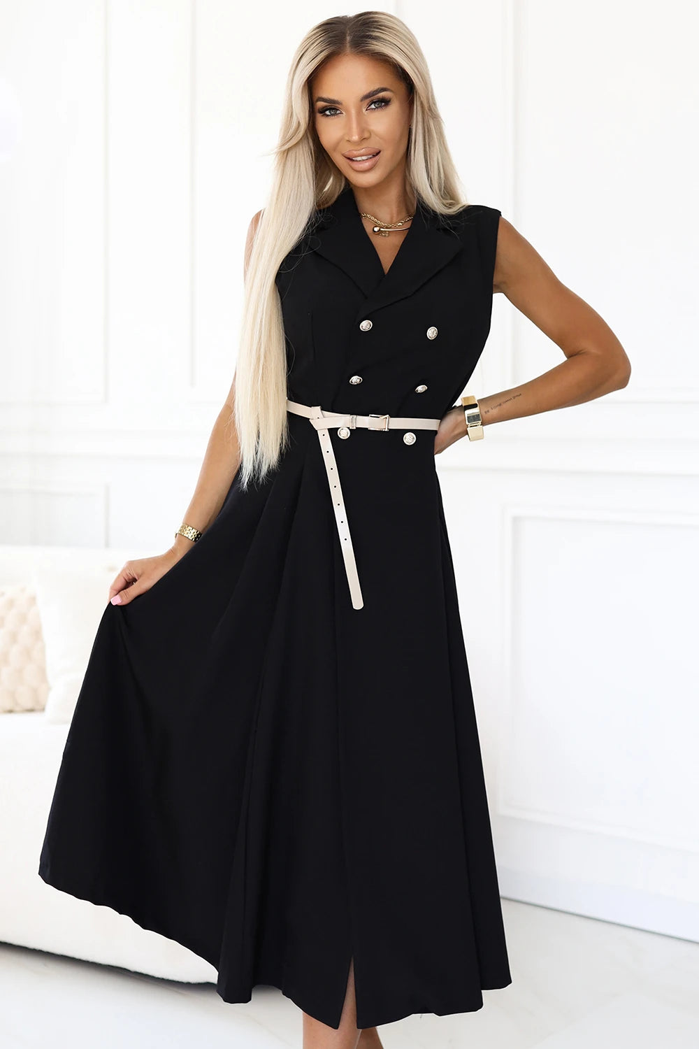 Elegant midi shirt dress with gold buttons and belt – Black