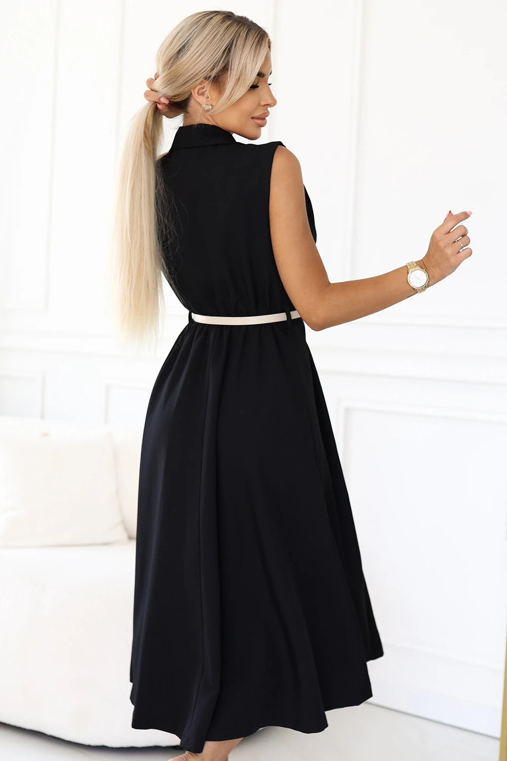 Elegant midi shirt dress with gold buttons and belt – Black