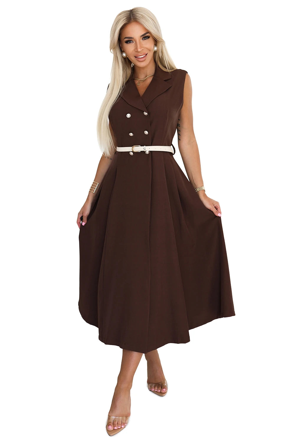 Elegant midi shirt dress with gold buttons and belt – Chocolate