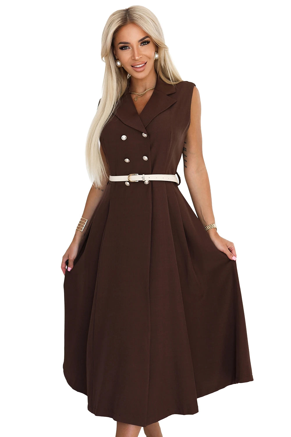 Elegant midi shirt dress with gold buttons and belt – Chocolate