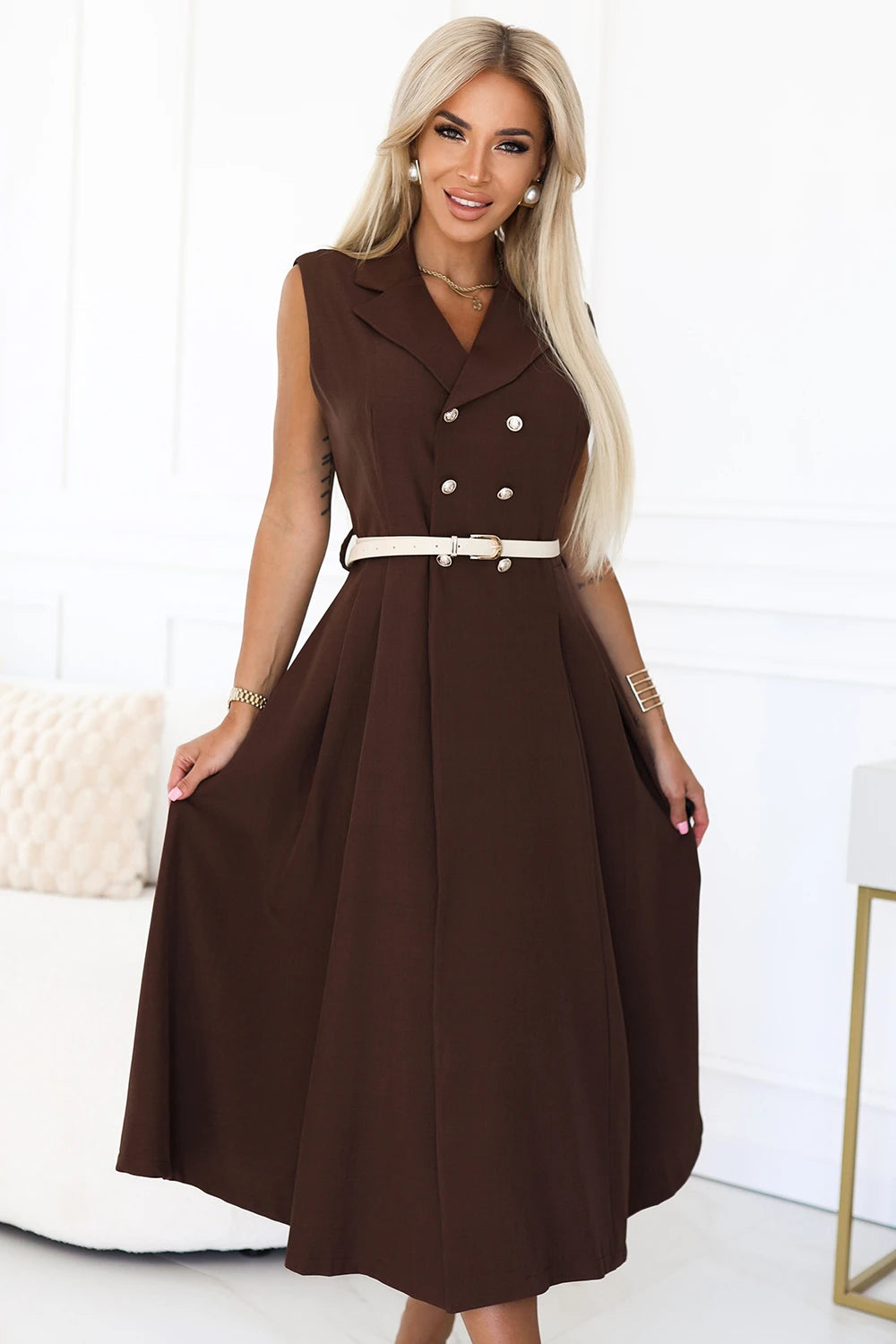Elegant midi shirt dress with gold buttons and belt – Chocolate
