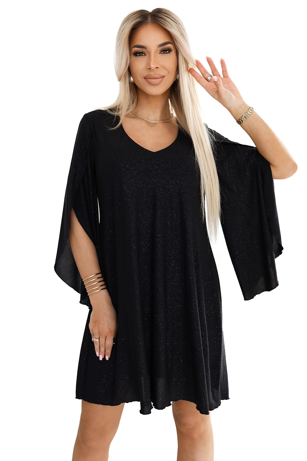 LIVIA Elegant trapeze dress with butterfly sleeves – Black With Glitter