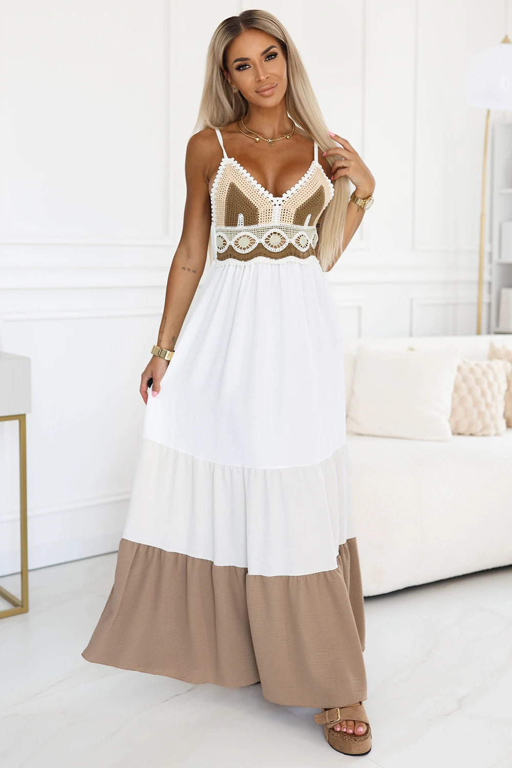 Long beige and white strapless dress with crochet top – Boho