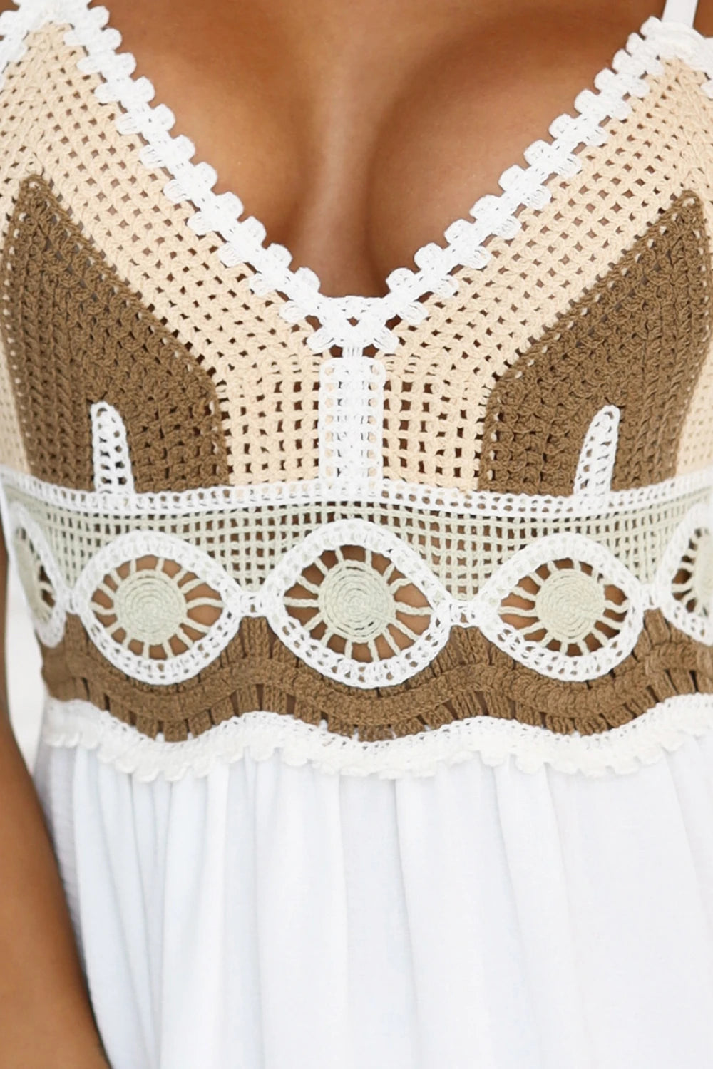 Long beige and white strapless dress with crochet top – Boho