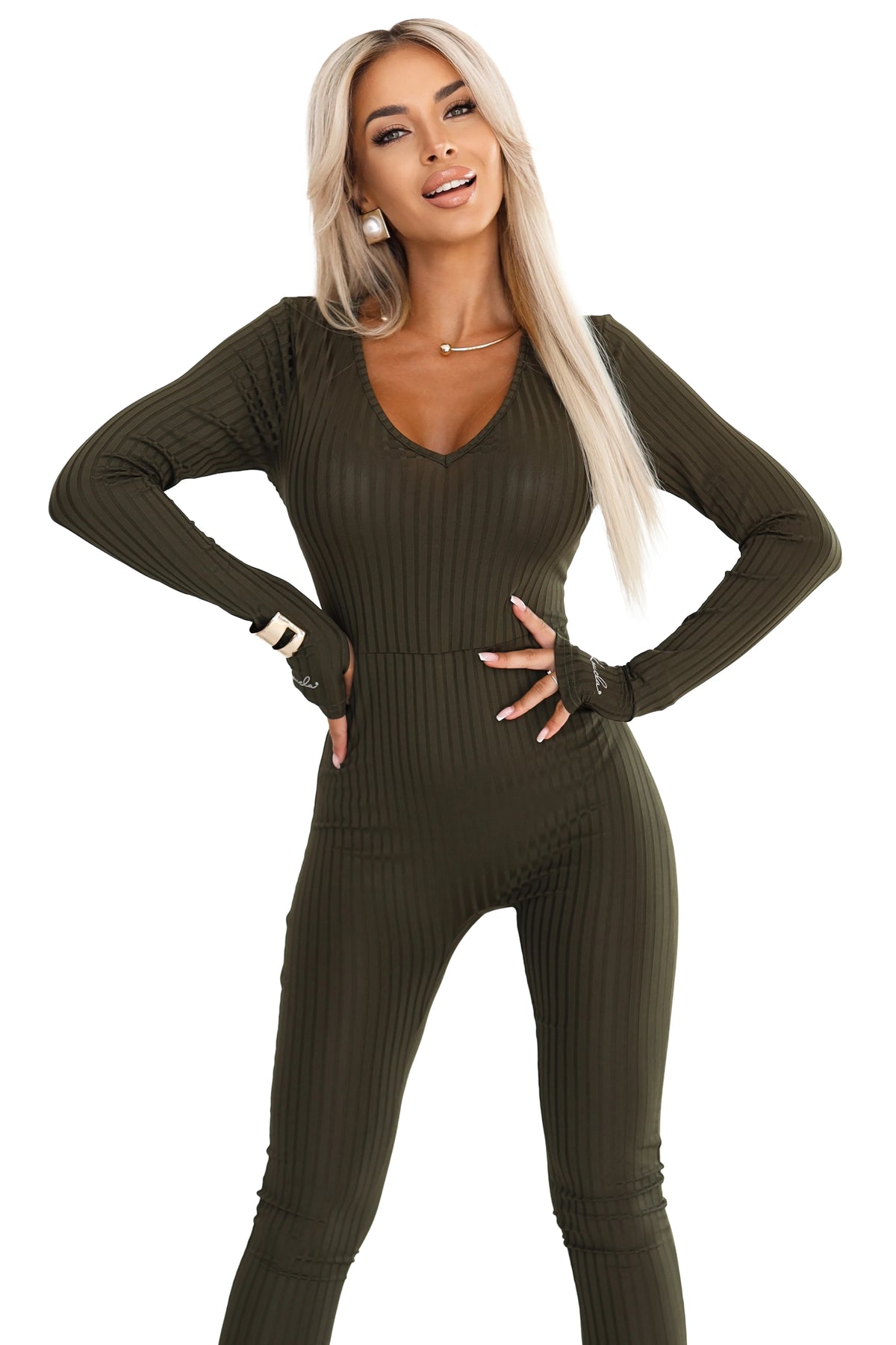 Comfortable and elegant ribbed women's jumpsuit with a neckline – Khaki